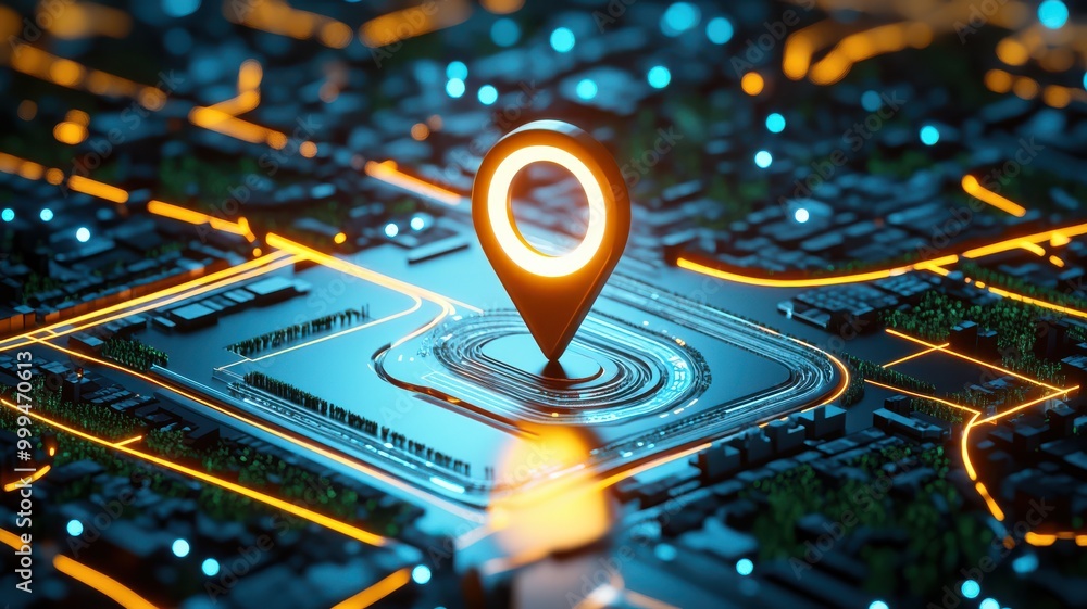 A vibrant map with a glowing location marker, representing navigation ...