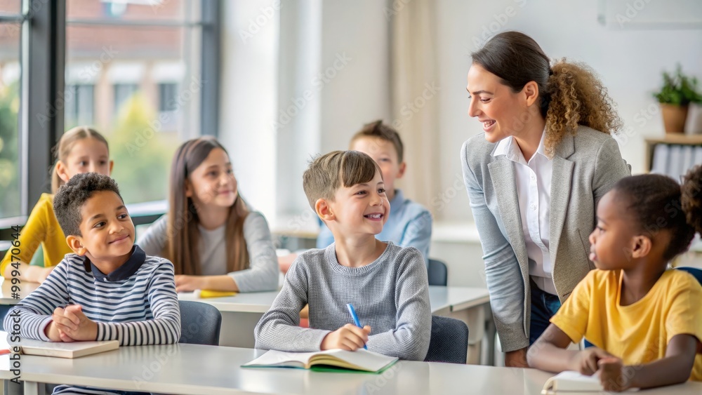 Happy diverse kids sitting at desk in classroom and talking with teacher, studying during lesson, woman explaining subject to pupils Happy diverse kids sitting at desk in classroom and talking with teacher, studying during lesson, woman explaining subject to pupils
