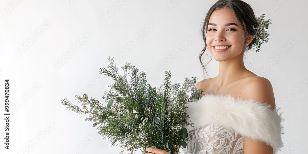 Radiant bride holding green bouquet smiles joyfully Radiant bride holding green bouquet smiles joyfully