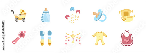 Baby Item flat illustration set. Include of baby, child, set, toy, childhood, and stroller. Vector illustration isolated.