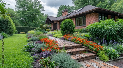 Beautiful backyard landscape design in the garden,Some flowers and nicely trimmed bushes on the leveled front yard 