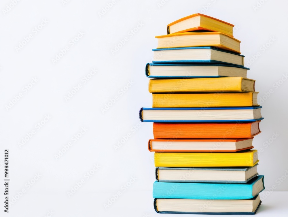 A vibrant stack of colorful books neatly arranged against a clean white background, perfect for education and reading themes. A vibrant stack of colorful books neatly arranged against a clean white background, perfect for education and reading themes.
