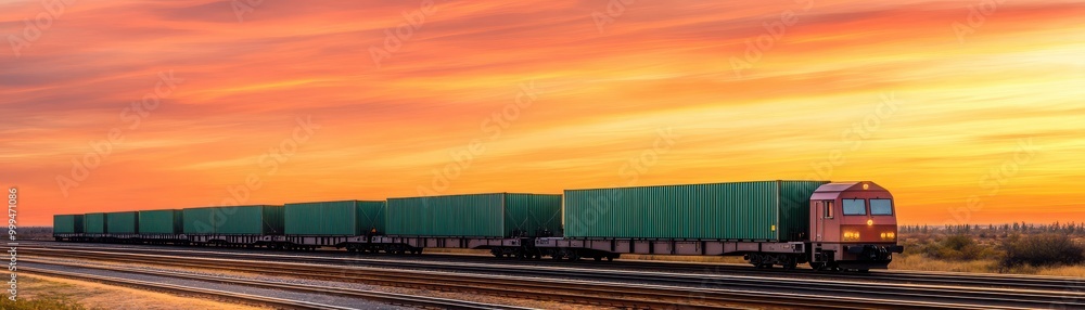 A vibrant sunset backdrop highlights a freight train transporting green cargo containers across an open landscape. A vibrant sunset backdrop highlights a freight train transporting green cargo containers across an open landscape.