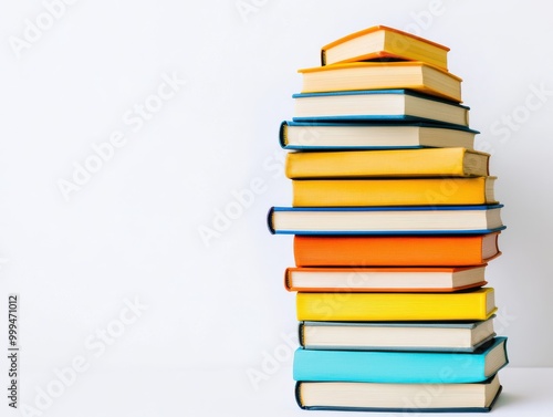 A vibrant stack of colorful books neatly arranged against a clean white background, perfect for education and reading themes.