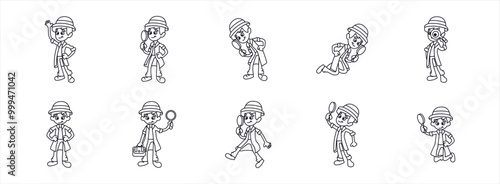 Cute Detective Activity Outline flat illustration set. Vector art illustration isolated.