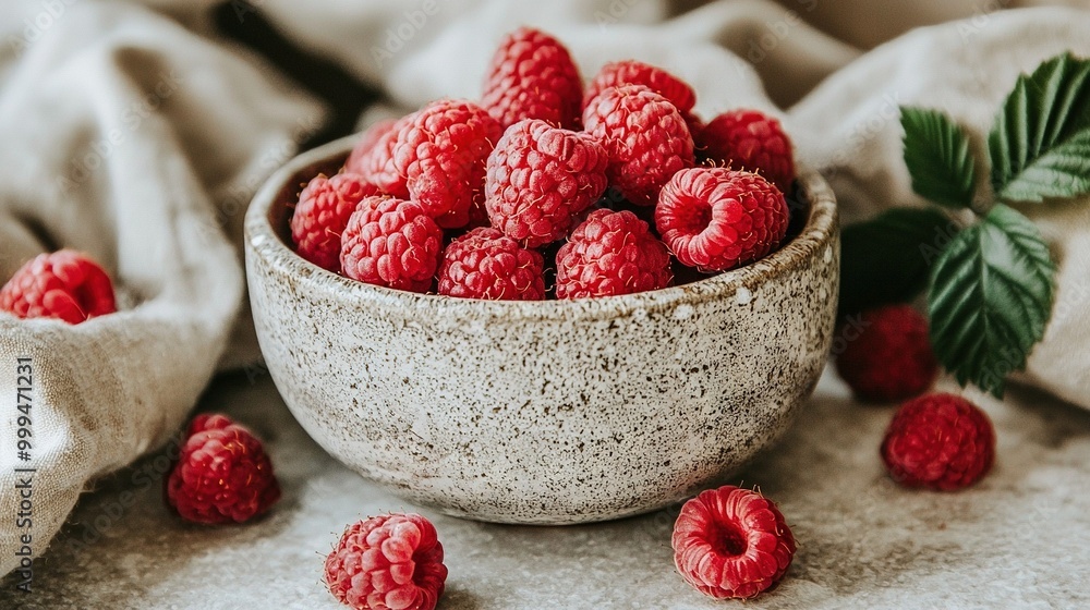 Bowl of raspberries on a green leaf, set on a white cloth next to the table Bowl of raspberries on a green leaf, set on a white cloth next to the table