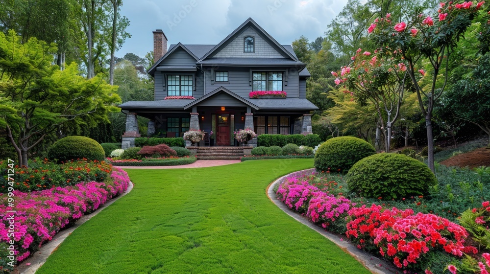 Fototapeta premium Beautiful backyard landscape design in the garden,Some flowers and nicely trimmed bushes on the leveled front yard