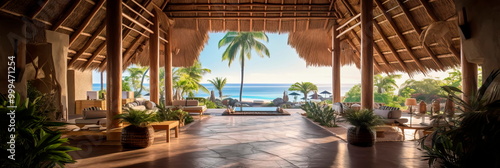 Tropical resort lobby with a thatched roof, wooden beams, and views of the ocean.