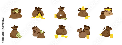 Money Bag flat illustration set. Include of finance, business, dollar, money, and coin. Vector illustration isolated.