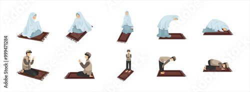 Muslim Prays flat illustration set. Include of muslim, religion, spirituality, person, and mosque. Vector illustration isolated.
