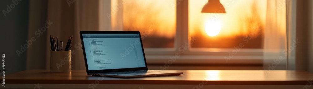 A warm workspace featuring a laptop by a window during sunset, perfect for inspiration and productivity. A warm workspace featuring a laptop by a window during sunset, perfect for inspiration and productivity.