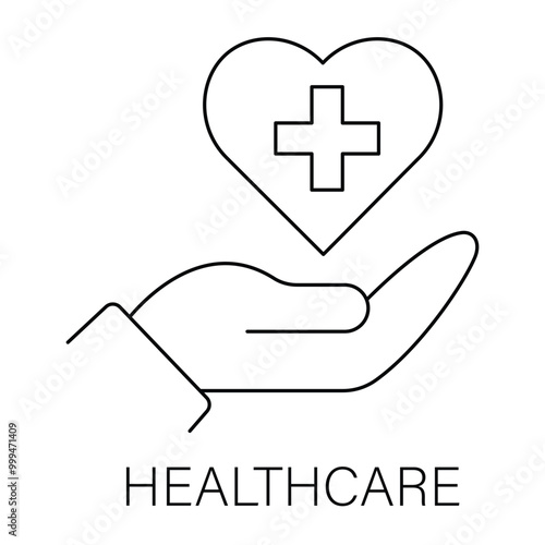 Vector icon for Healthcare. Hand holding a heart symbol with a cross to represent medical services and health support.