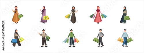 Ramadan Shopping  flat illustration set. Include of muslim, ramadan, mubarak, and islamic. Vector illustration isolated.