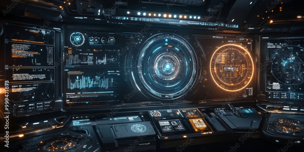 Obraz premium Futuristic UI layout designed for space missions, featuring responsive holographic elements, orbit controls, and dynamic celestial visualization.