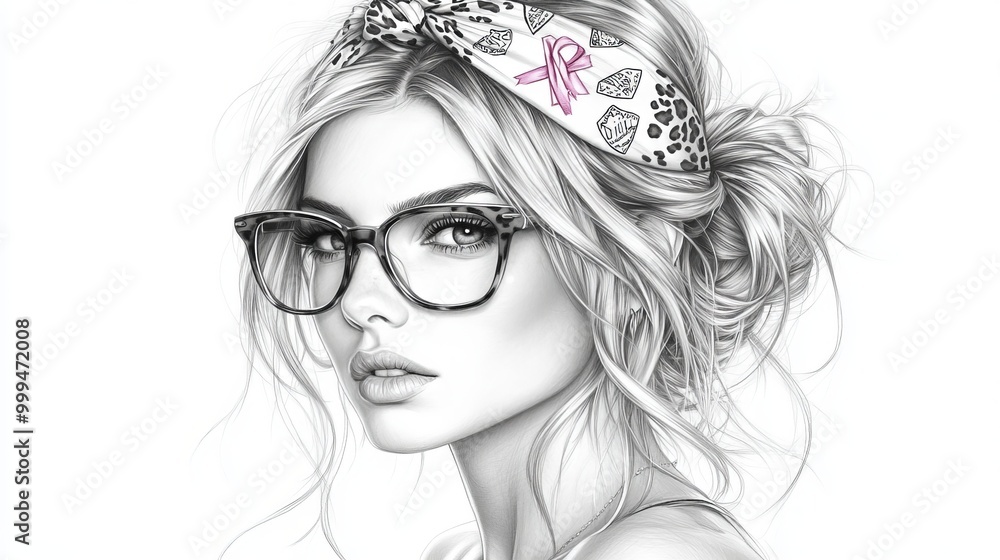 A woman with glasses and a stylish headscarf posed in black and white artwork A woman with glasses and a stylish headscarf posed in black and white artwork