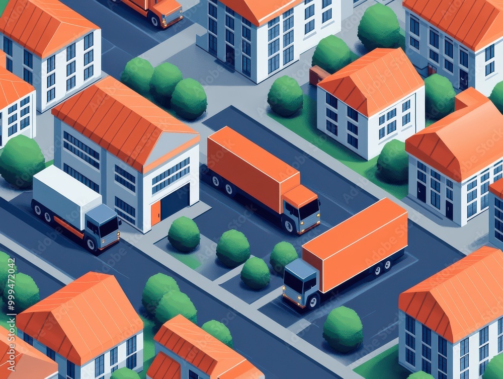 Aerial view of a cityscape with trucks parked near modern buildings featuring orange roofs and green trees lining the streets. Aerial view of a cityscape with trucks parked near modern buildings featuring orange roofs and green trees lining the streets.