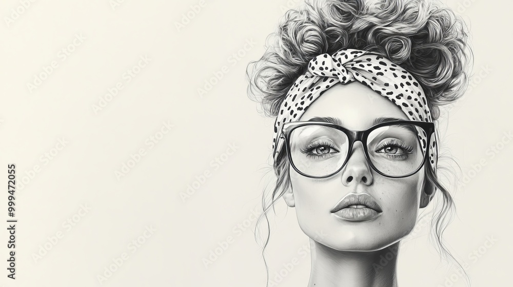 Confident young woman with glasses and headband on a neutral backdrop Confident young woman with glasses and headband on a neutral backdrop