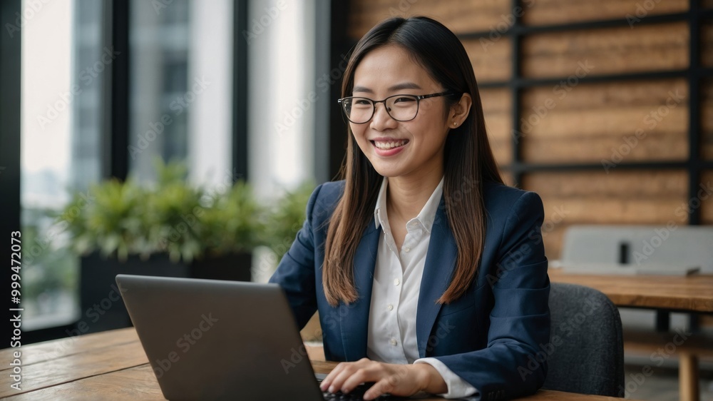 Cheerful young asian businesswoman using laptop Cheerful young asian businesswoman using laptop