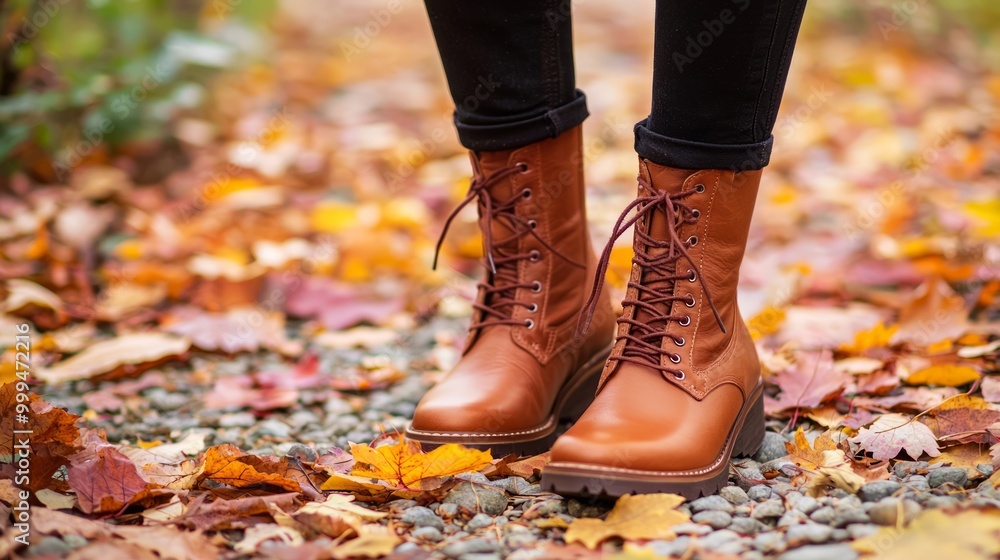 Autumn Fashion Inspiration: Stylish Boots on Gravel Path Amid Fall Foliage - Close-up of Model's Feet Showcasing Seasonal Trend Autumn Fashion Inspiration: Stylish Boots on Gravel Path Amid Fall Foliage - Close-up of Model's Feet Showcasing Seasonal Trend