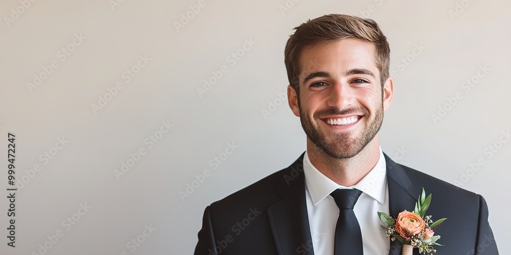 Smiling groom in black suit with boutonniere Smiling groom in black suit with boutonniere