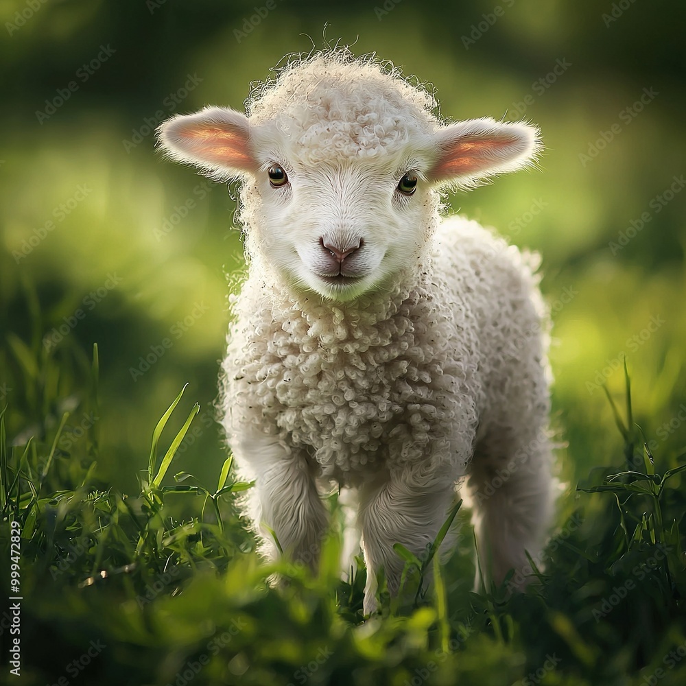 A sheep in a lush green meadow surrounded by tall trees in the backdrop A sheep in a lush green meadow surrounded by tall trees in the backdrop