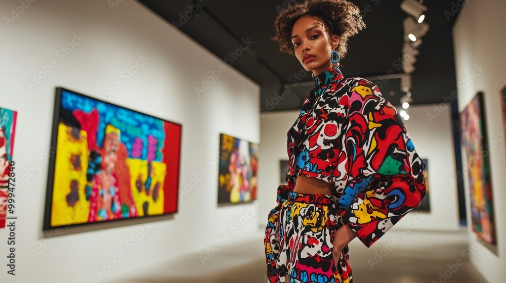 Obraz premium Fashion Forward: Model in Graphic Print Outfit at Vibrant Art Gallery