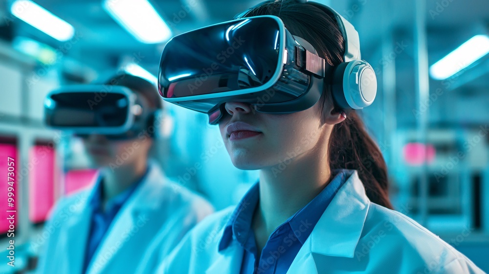 Two scientists in lab coats using virtual reality headsets, exploring technology in a high-tech environment with vibrant blue lighting. Two scientists in lab coats using virtual reality headsets, exploring technology in a high-tech environment with vibrant blue lighting.