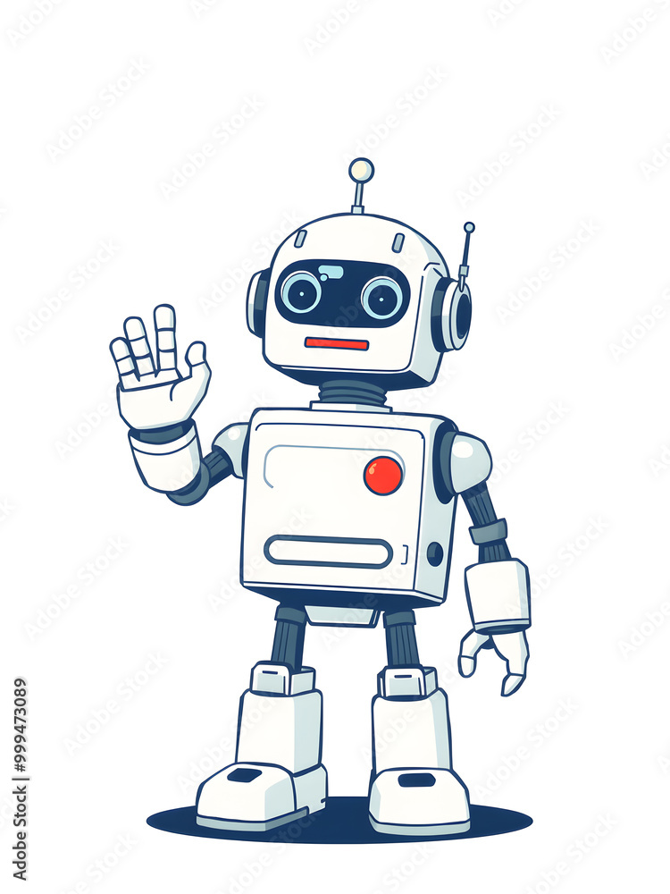 illustration of a cute robot with a raised hand on a white background illustration of a cute robot with a raised hand on a white background