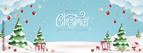 Merry christmas and happy new year greeting card with snow product display cylindrical shape copy-space and Cute snowman standing in winter christmas landscape snow falling