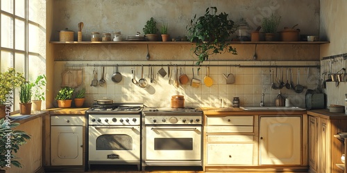 Wallpaper Mural A vintage kitchen with white cabinets and a window with sunlight streaming through. Torontodigital.ca