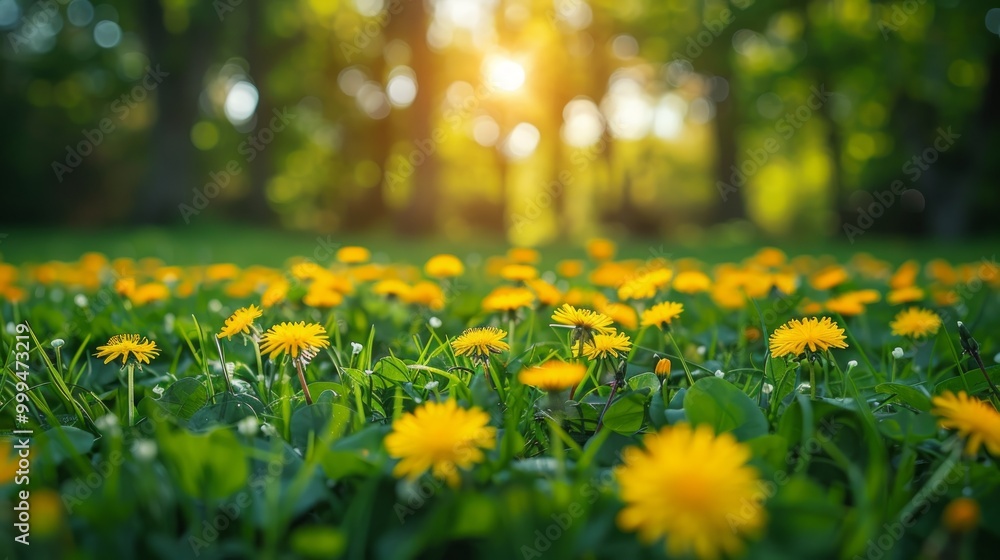Fototapeta premium Beautiful spring natural background. Landscape with young lush green grass with blooming dandelions against the background of trees in the garden