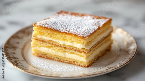 Napoleon cake or vanilla custard slice are other names for this slice of mille-feuille cake. dessert consisting of layers of pastry cream and puff pastry.