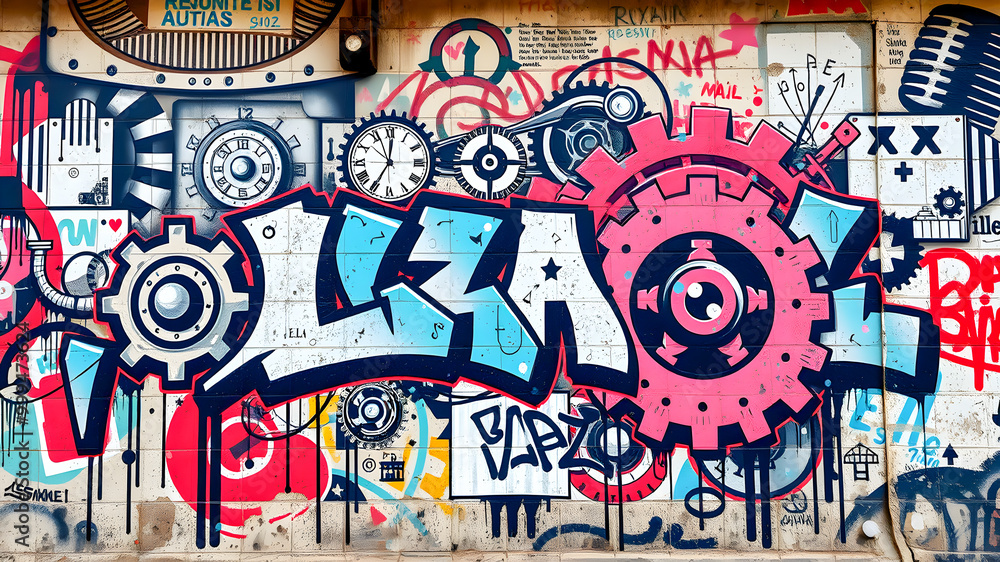 Graffiti on the wall with gears and cogs. Street art concept Graffiti on the wall with gears and cogs. Street art concept