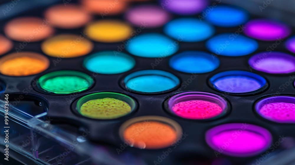 A vibrant palette of colorful powder pigments arranged in circles, showcasing a range of hues from bright pinks to deep blues. A vibrant palette of colorful powder pigments arranged in circles, showcasing a range of hues from bright pinks to deep blues.