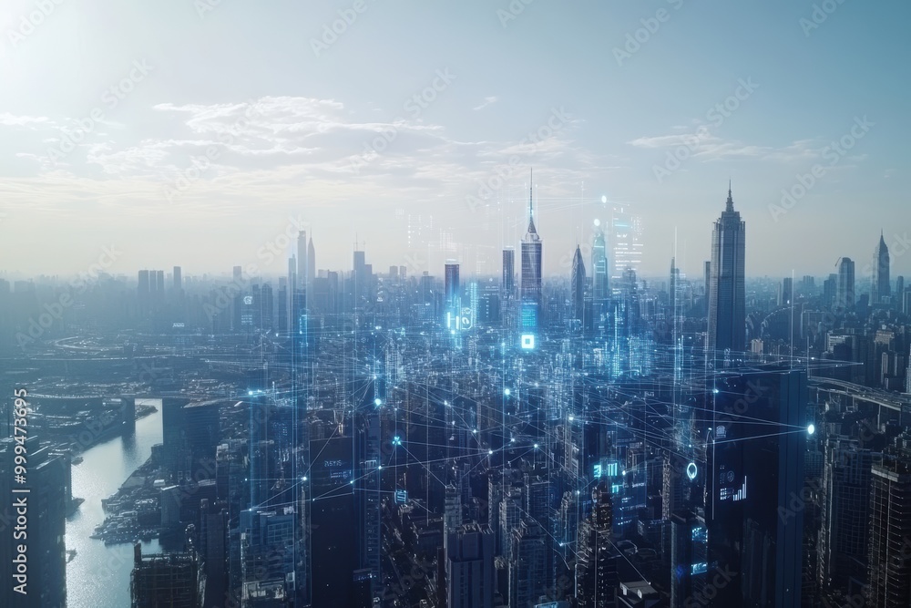 Fototapeta premium High Altitude View of Smart City with Digital Elements