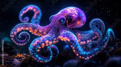   A vibrant octopus with starry shell, blue collar, in the deep sea's gloom
