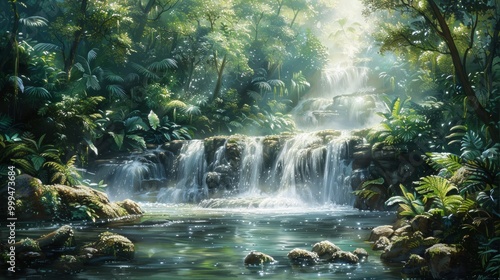 Beautiful stream painting in tropical forest - beautiful natural landscape in the forest