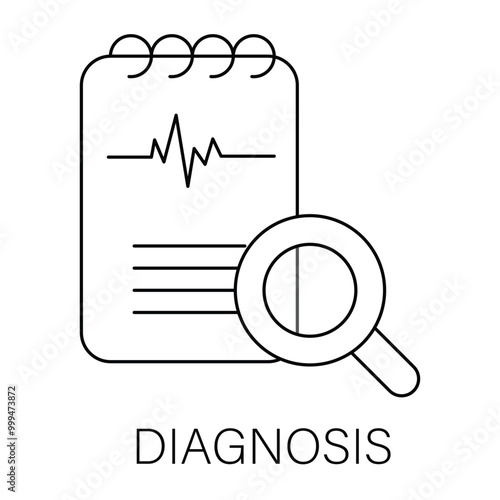 Vector icon for Diagnosis. Magnifying glass over medical report representing health diagnosis and examination.
