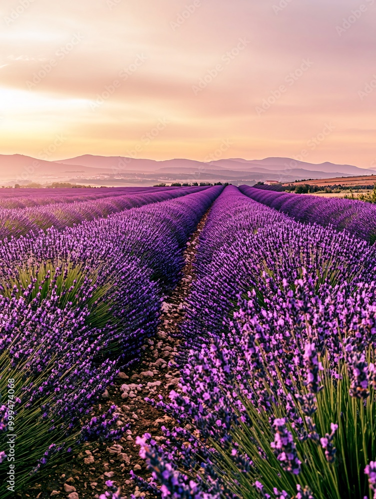 Naklejka premium A picturesque view of a lavender field at sunrise with rows of purple flowers stretching towards the horizon.