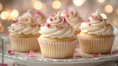  Three cupcakes with white frosting and pink sprinkles on a white plate adorned with pink petals