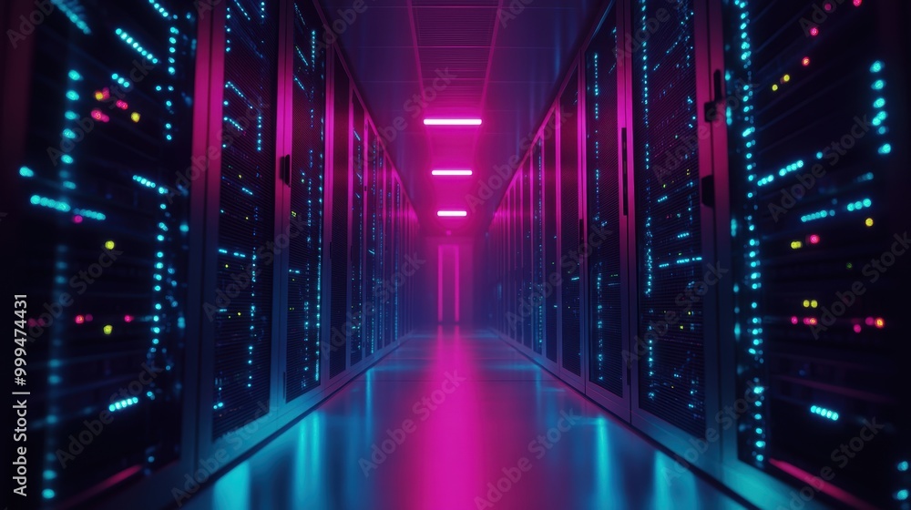 Minimalistic Futuristic Server Room with Neon Lights Minimalistic Futuristic Server Room with Neon Lights