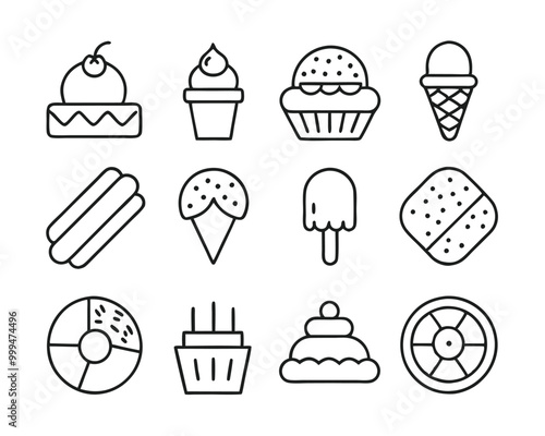 Set of line art vector icons for desserts and baked goods in clean, minimal design style.
Modern line art vector icons of desserts and baked goods for UI, menus, and food illustrations.