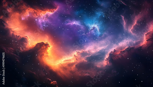 an expansive space scene filled with vibrant nebulous clouds capturing the immense scale and the captivating blend of colors illuminating outer space scenery