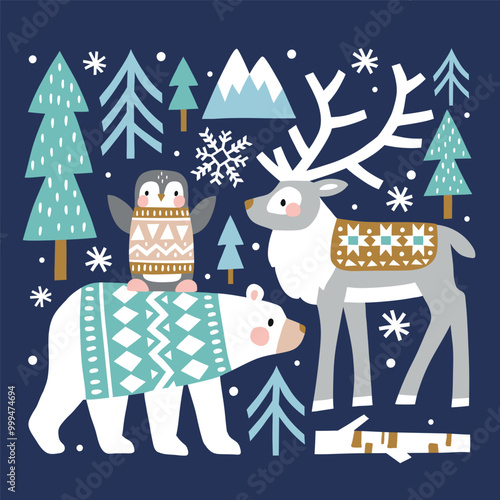 Winter illustration with cute polar animals. Polar bear, reindeer and penguin. Hand drawn Nordic forest illustration. Perfect for tee shirt logo, greeting card, poster or nursery print design.
