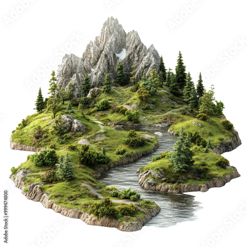 Scenic island with mountains, lush greenery, and a winding river in a tranquil natural setting. photo