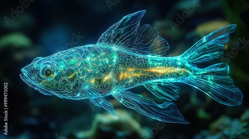   A close-up of a fish in a tank with algae covering its head photo