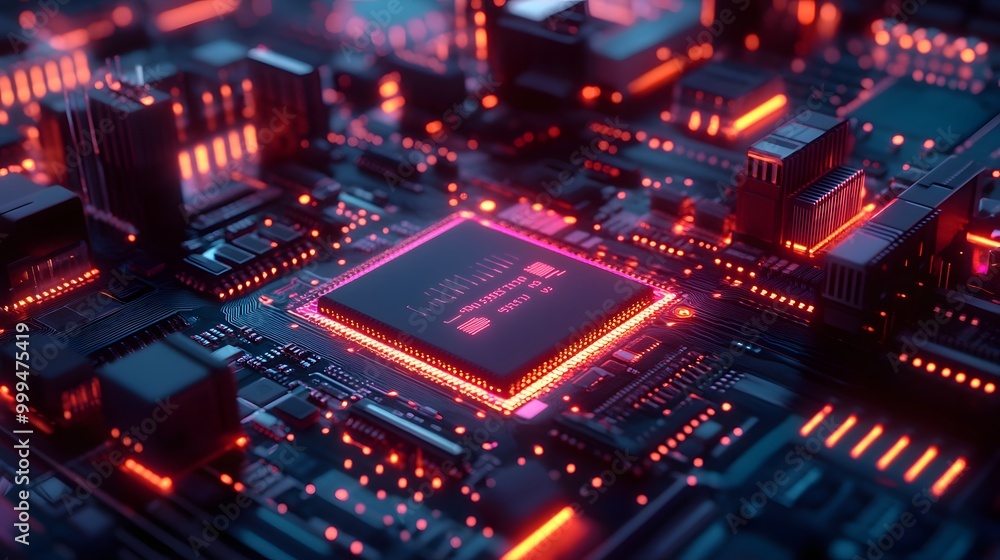 Microprocessor chipset central processor unit on the illumination circuit computer mainboard. Cyber and futuristic concept, hardware, AI, electronics and technology, with copy space. Microprocessor chipset central processor unit on the illumination circuit computer mainboard. Cyber and futuristic concept, hardware, AI, electronics and technology, with copy space.