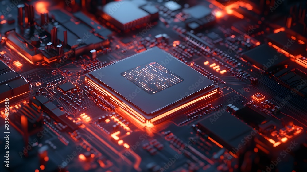 Microprocessor chipset central processor unit on the illumination circuit computer mainboard. Cyber and futuristic concept, hardware, AI, electronics and technology, with copy space. Microprocessor chipset central processor unit on the illumination circuit computer mainboard. Cyber and futuristic concept, hardware, AI, electronics and technology, with copy space.