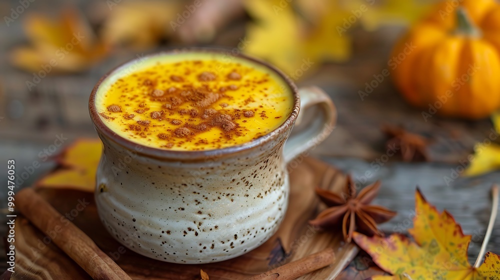 A vibrant golden milk turmeric latte served in a ceramic mug, with a sprinkle of cinnamon on top. The mug is set on a rustic wooden table with a cozy, warm background, A vibrant golden milk turmeric latte served in a ceramic mug, with a sprinkle of cinnamon on top. The mug is set on a rustic wooden table with a cozy, warm background,