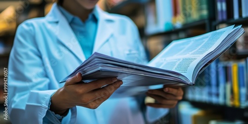 a researcher flipping through a journals pages, highlighting key studies and findings of interest.